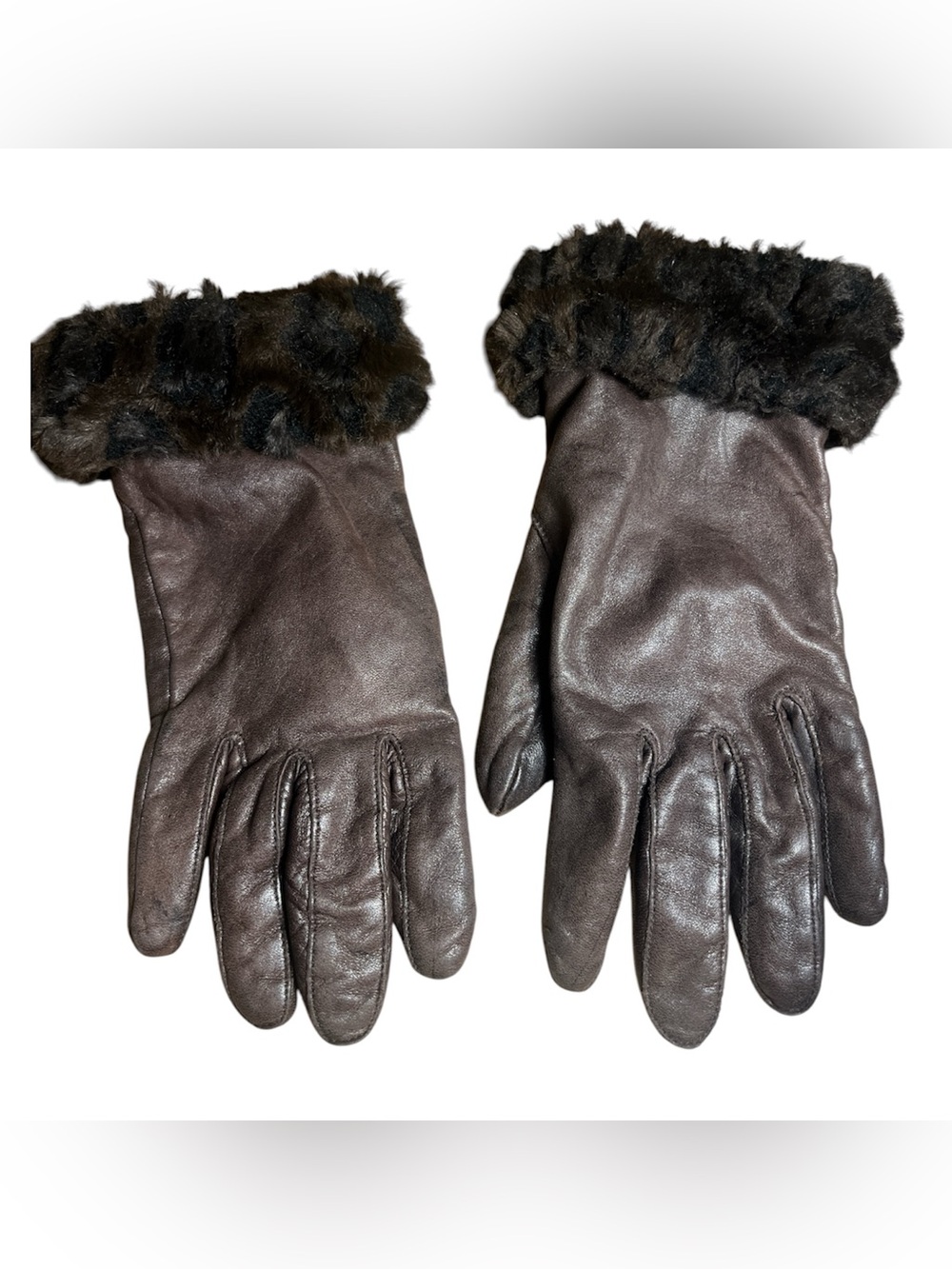 Women’s Brown Leather Gloves with Fur Cuff